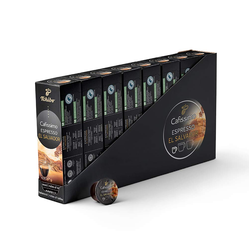 Tchibo Cafissimo Storage box Espresso El Salvador coffee capsules, 80 pieces – 8x 10 capsules (espresso, balanced with hints of toffee), sustainably & fairly traded