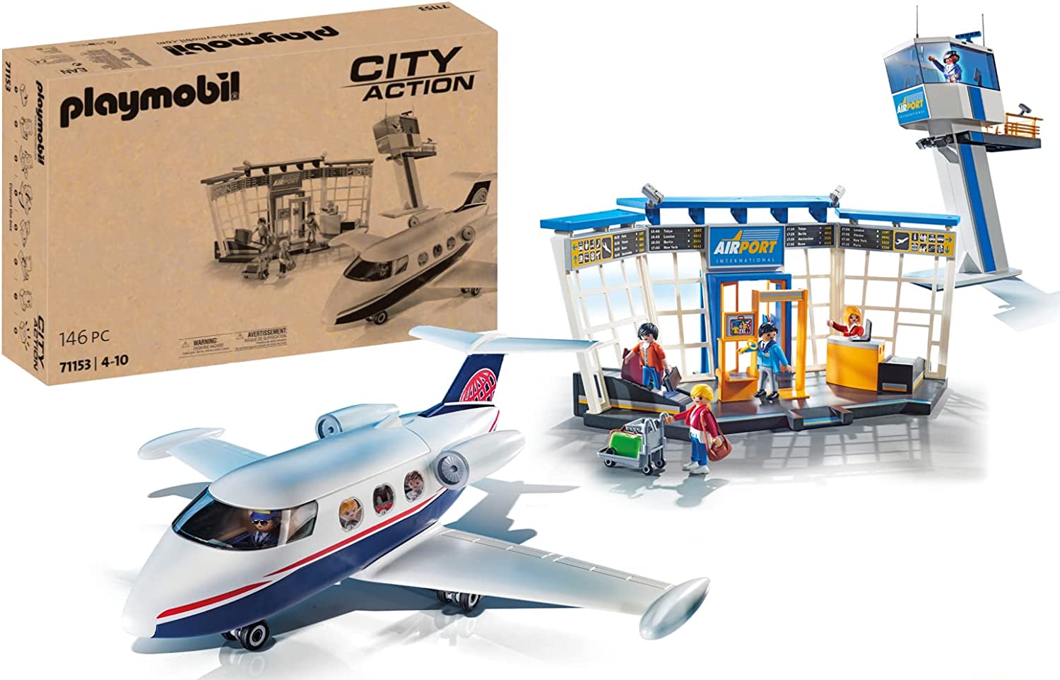 PLAYMOBIL City Action 71153 Airport with Aeroplane and Tower, with 2 in 1 Reversible Box as Eco-Friendly Packaging, Toy for Children from 4 Years [Exclusive to Amazon]