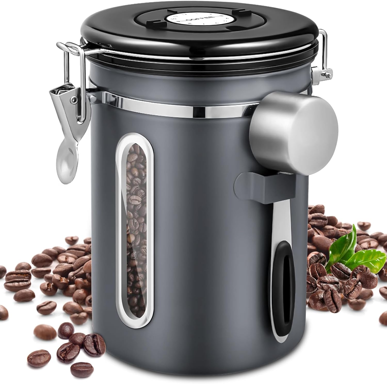 NCKIHRKK Airtight Stainless Steel Coffee Canister, 1.8 L Coffee Beans Container Made of Stainless Steel with Date Display and Portioner, Coffee Beans Container Storage Container for the Aroma