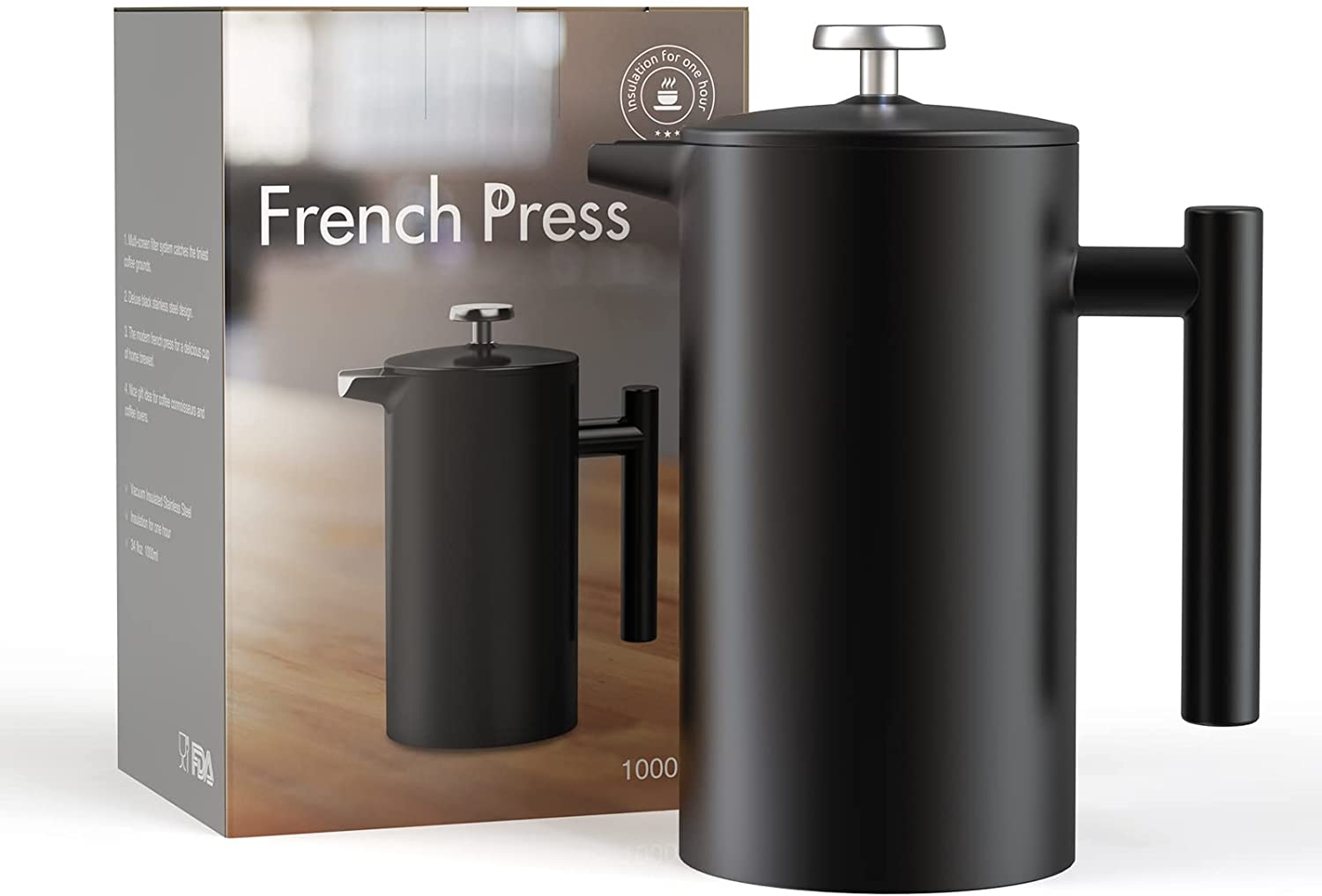 Enfmay French Press Coffee Pot, 1 Litre/8 Cups, Double-Walled Insulated Coffee Maker, Hand Filter Coffee Press with 304 Stainless Steel Plunger and Additional Replacement Filter, Black Coffee Press