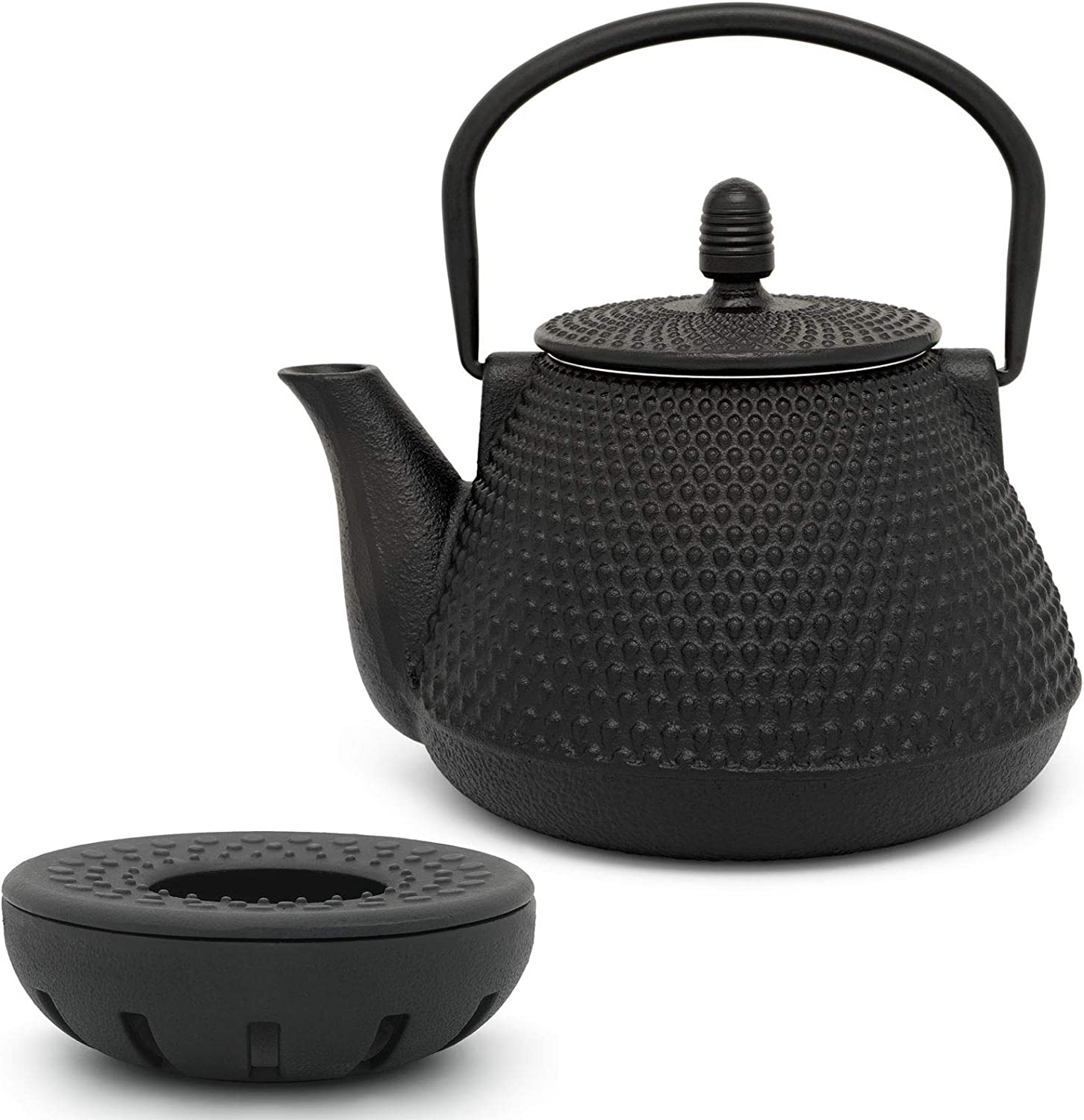 Bredemeijer Teapot Asian Cast Iron Set 1.0 Litres - Black Cast Iron Can with Strainer Insert for Loose Tea and Warmer
