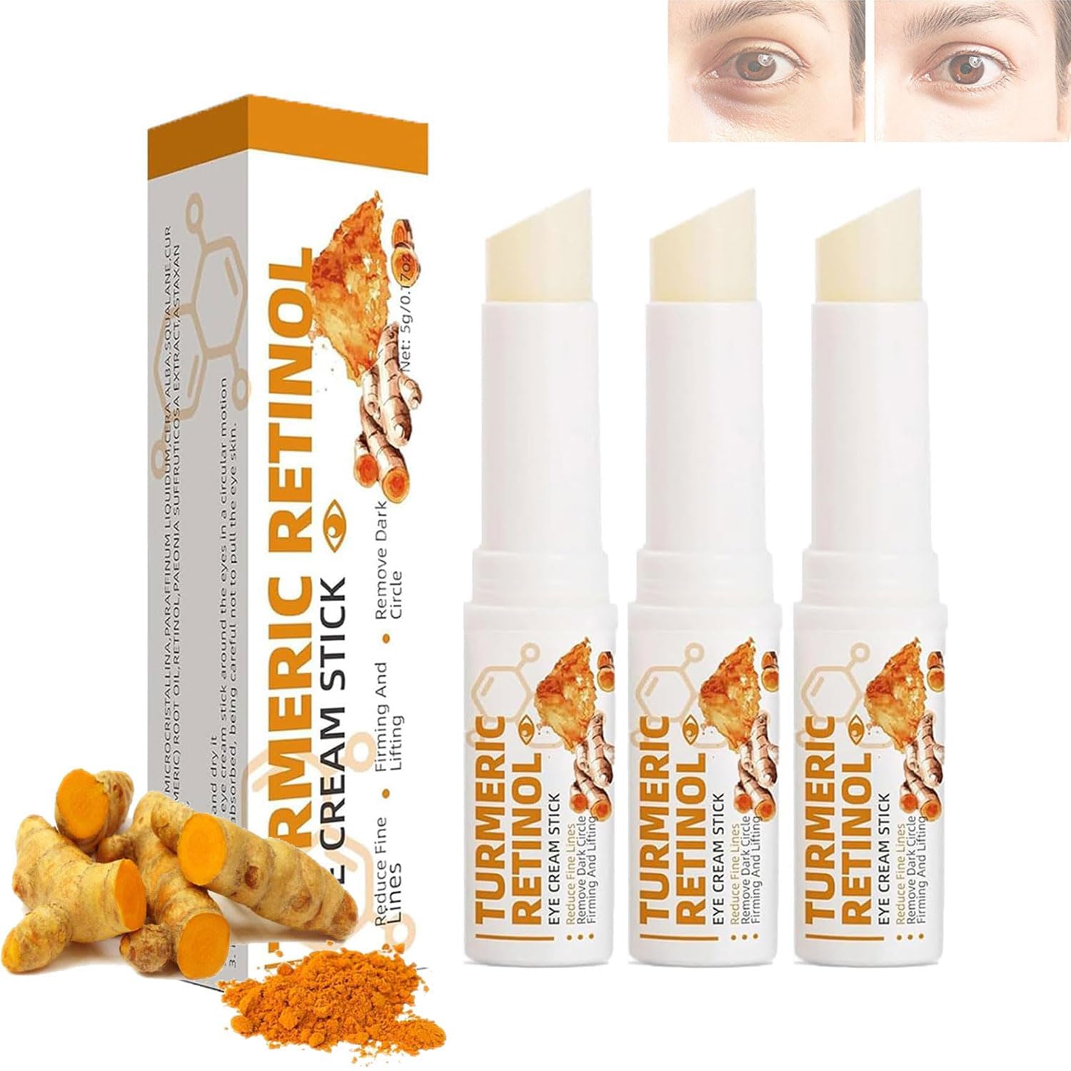 Eye Bags, Turmeric Retinol Eye Stick, for Under Eye Bags, Anti-Ageing Eye Cream for Dark Circles, Wrinkles, Puffiness, and Fine Lines Reduction, Hydrating Eye Balm Stick (Pack of 3)