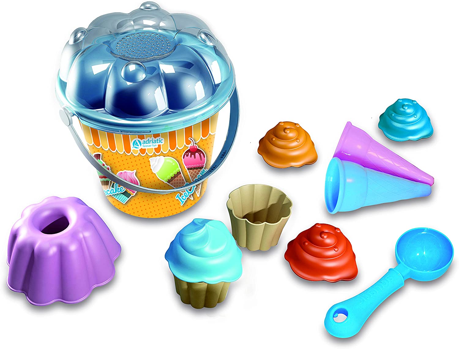 ADRIATIC Adria 18 Cm Beach Toys Bucket Set With 2 Cupcakes, 1 Pudding Mould, 1 Shove