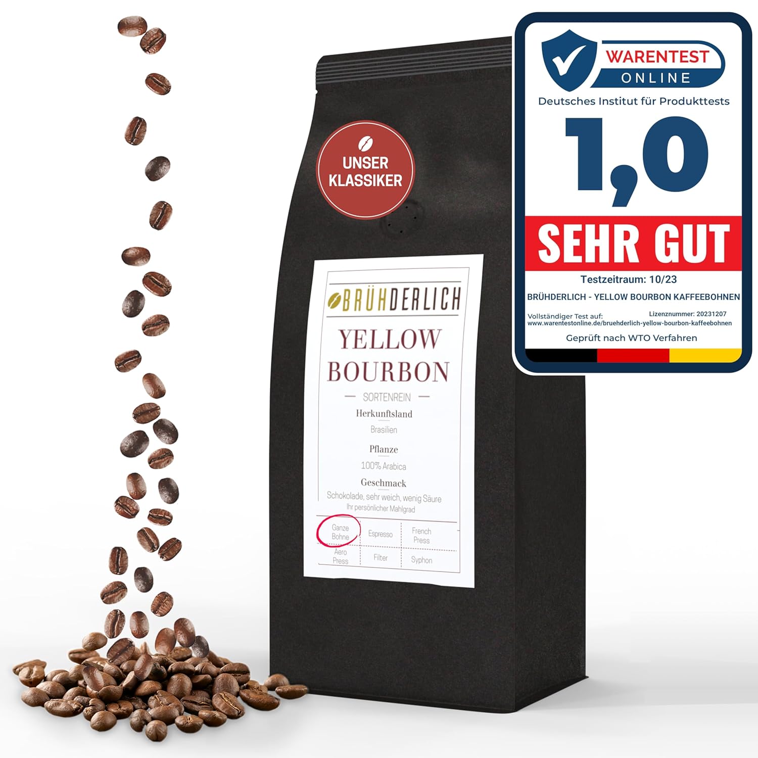 BRUHDERLICH Yellow Bourbon Premium Arabica Coffee Beans Low Acid (1 kg) - Special Coffee Beans from Brazil - Harmonious Base Sweet and Soft Aroma - Coffee Beans - Exceptionally Mild