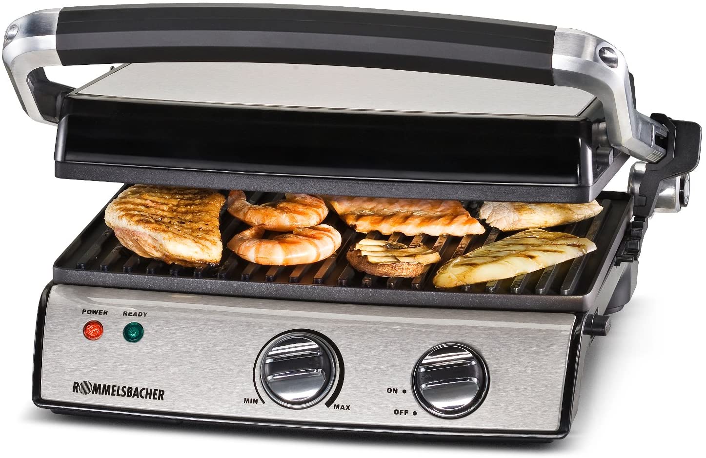 Rommelsbacher KG 2020 Contact Grill – Variable Applications, Infinitely Adjustable, 5-way Height Adjustment, 2-Layer Non-stick Coating, Removable Grill Plates, Grease Drain, 2000 Watt