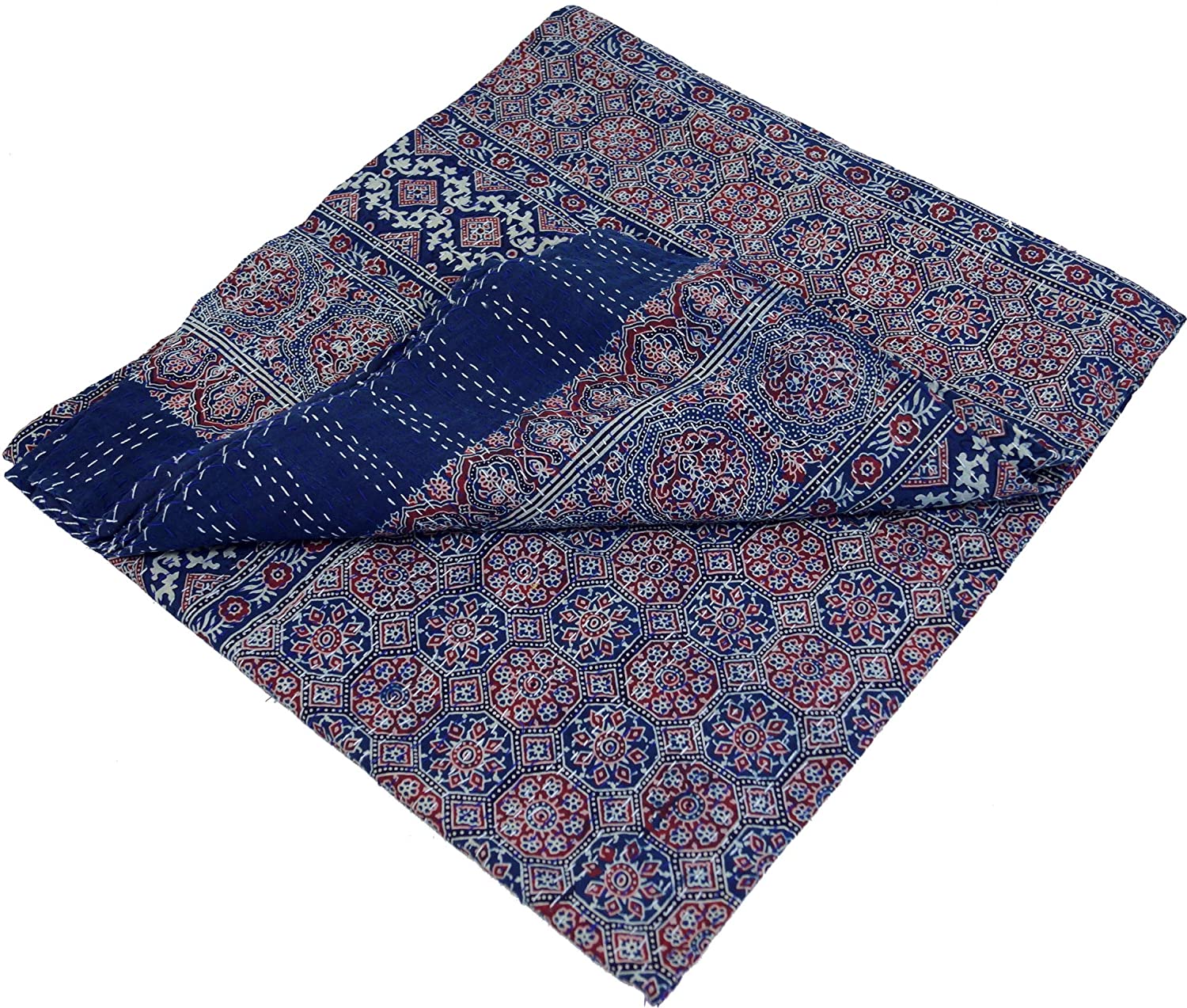 GURU SHOP Quilt, Bedspread, Bed Throw, Embroidered Cloth, Indian Bed Throw, Bedspread, Pattern 14, Blue, Cotton, 275 x 225 cm, Quilts & Quilts