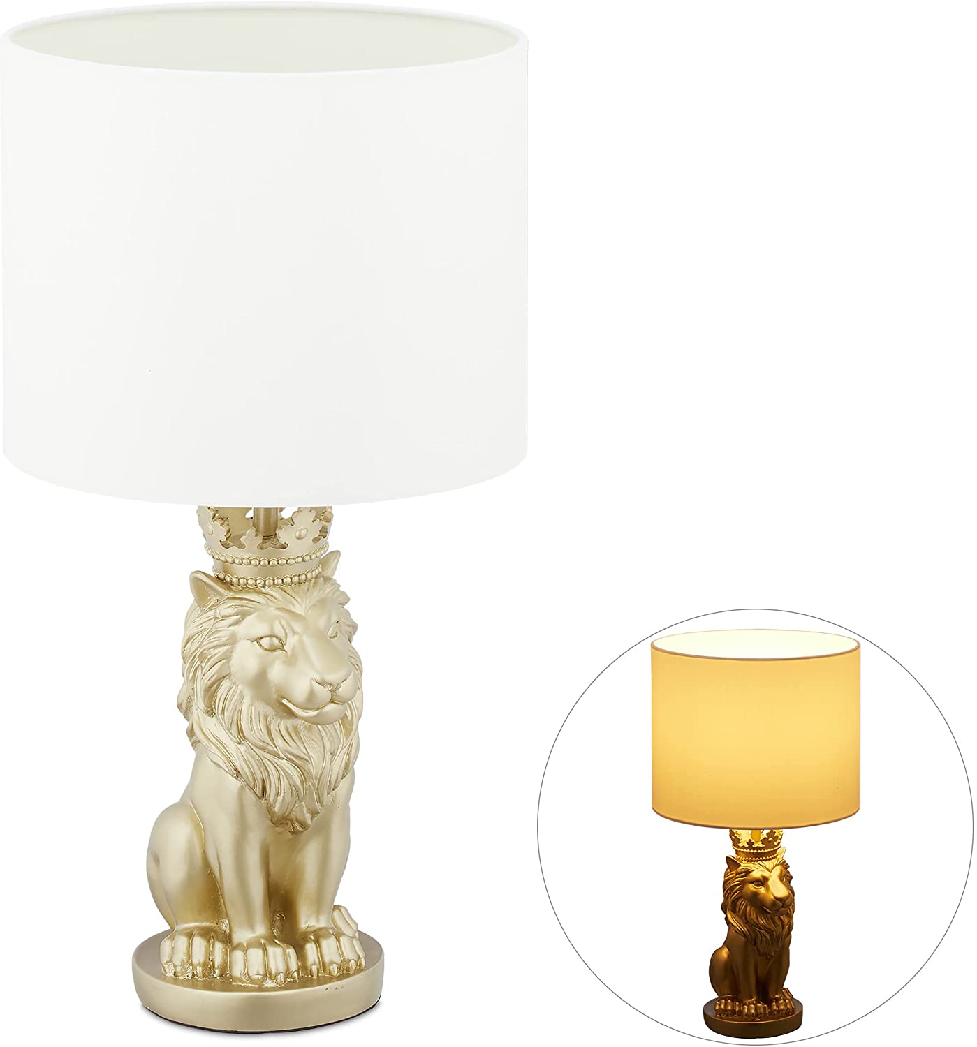 Relaxdays Lion Table Lamp with Fabric Shade, E27, Magnificent Bedside Lamp, H x D: 47.5 x 25 cm, White/Gold