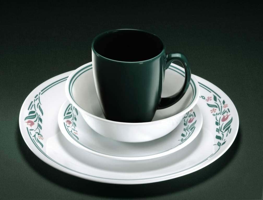 Corelle 16-Piece Vitrelle Glass Rosemarie Chip and Break Resistant Dinner Set, Service for 4, Green