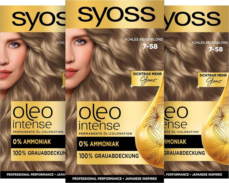 Syoss Oleo Intense Permanent Oil Coloration Hair Color, 7-58 Cool Beige Blonde with Nourishing Oil and Ammonia Free, Pack of 3 (3 x 115 ml)