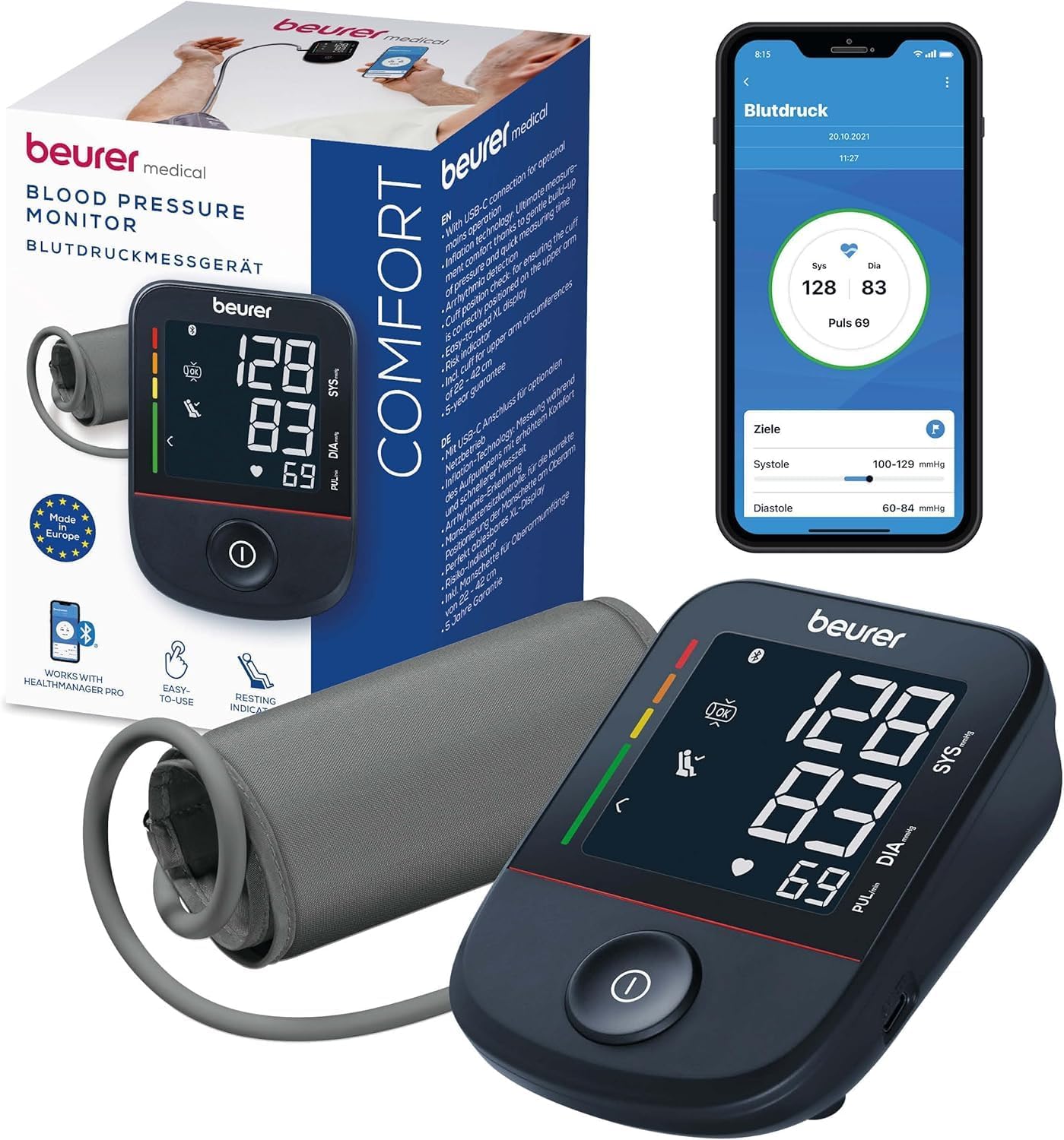 Beurer BM 48 Upper Arm Blood Pressure Monitor, Easy to Use with Just One Button, Gentle and Fast Measurement, Arrhythmia Detection, Large Display, with App Connection, Cuff for 22-42 cm