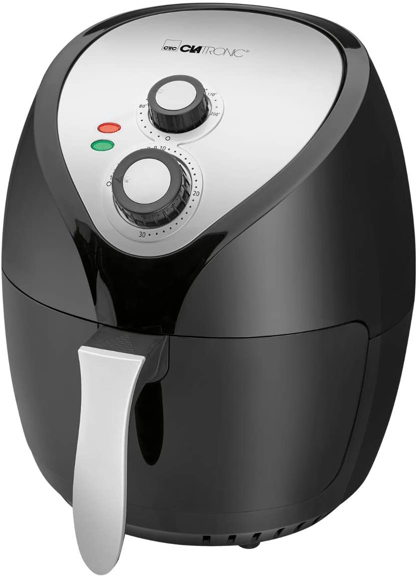 Clatronic FR 3699 H Hot Air Fryer, 3.6 L, Infinitely Adjustable Thermostat, 30-Minute Timer with End Signal, 2 Indicator Lights, Black/Stainless Steel