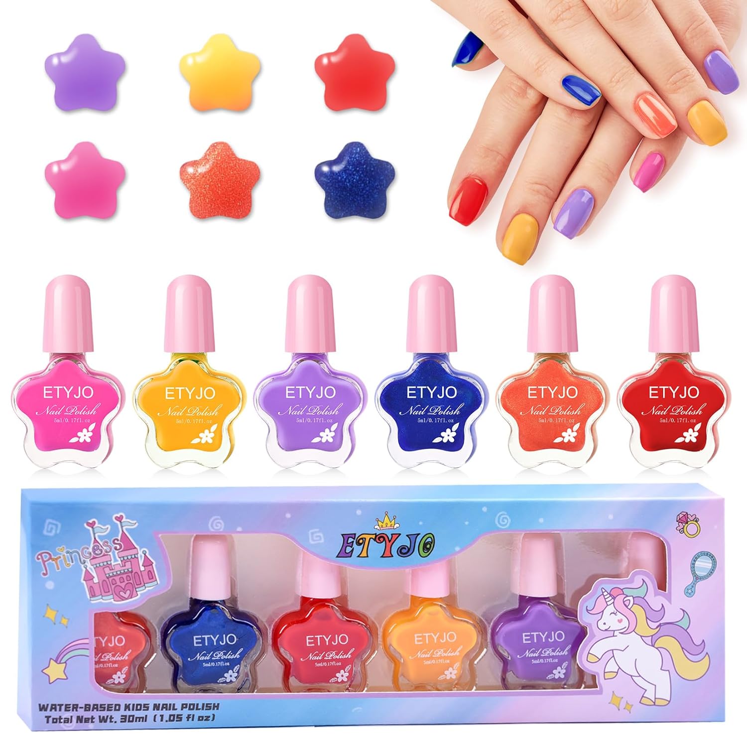 ETYJO Children\'s Nail Polish Set, 6 Colours, Children\'s Nail Polish, Non-Toxic, Peel Off Nail Polish Set, Children, Quick Drying, Water-Based Nail Polish for Children, Nail Polish, Children, Girls,