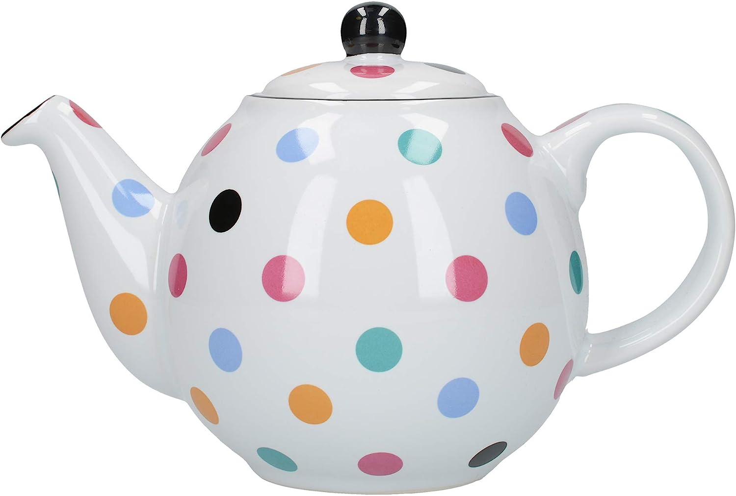 London Pottery Globe Polka Dot Teapot with Strainer, Ceramic, White/Multipoint, 6 Cups (1.2 Litre)