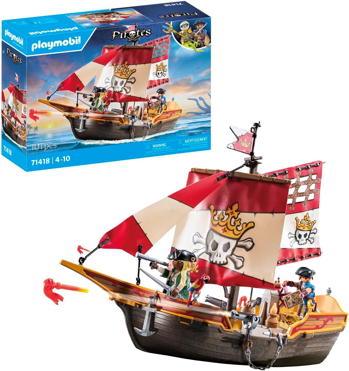PLAYMOBIL Pirates 71418 Pirate Ship, Exciting Adventures on the High Sea, with Extensive Accessories such as Telescope, Compass and Cannons, Toy for Children from 4 Years
