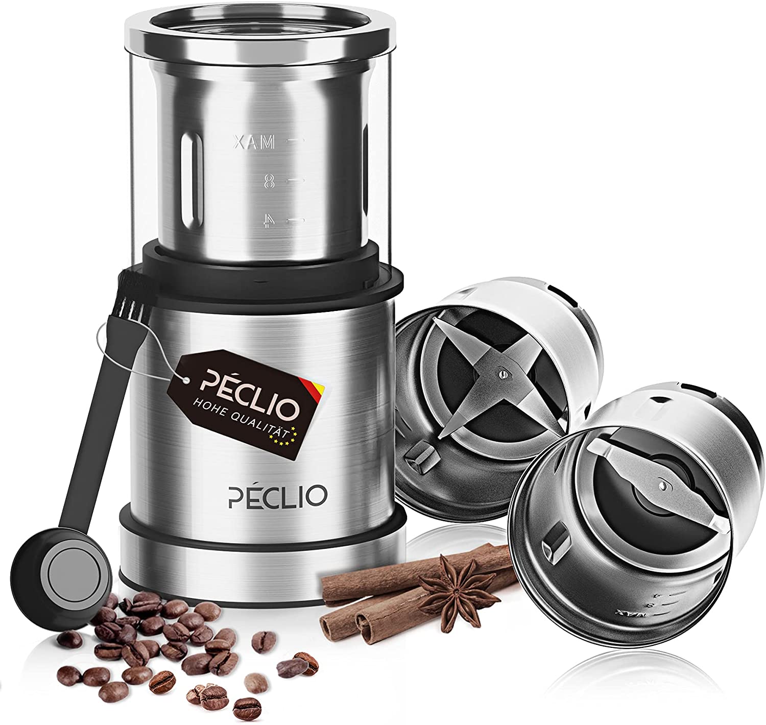 Peclio GS-805 Electric Spices and Coffee Grinder, 200 Watt with 2 Stainless Steel Containers with Dry and Wet Special Knife, Capacity 75 g, Spice Mill for Coffee Beans, Spices, Nuts, Pesto
