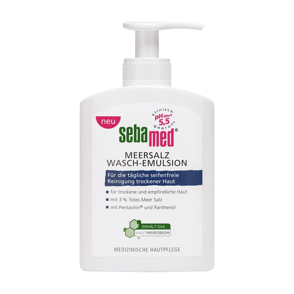 Sebamed Sea Salt Wash Emulsion 200 ML, for a Particularly Mild Cleaning of Dry and Sensitive Skin, Counteracts Dehydation, with Original Dead Sea Salt Minerals, ‎blue