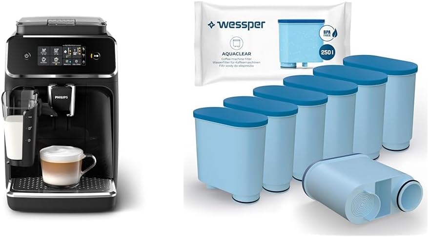 Philips Series 2200 Fully Automatic Coffee Machine & Wessper Water Filter Cartridges Compatible with Saeco and Philips Coffee Machine, Filter Cartridge Aquaclean with Activated Carbon for Fully