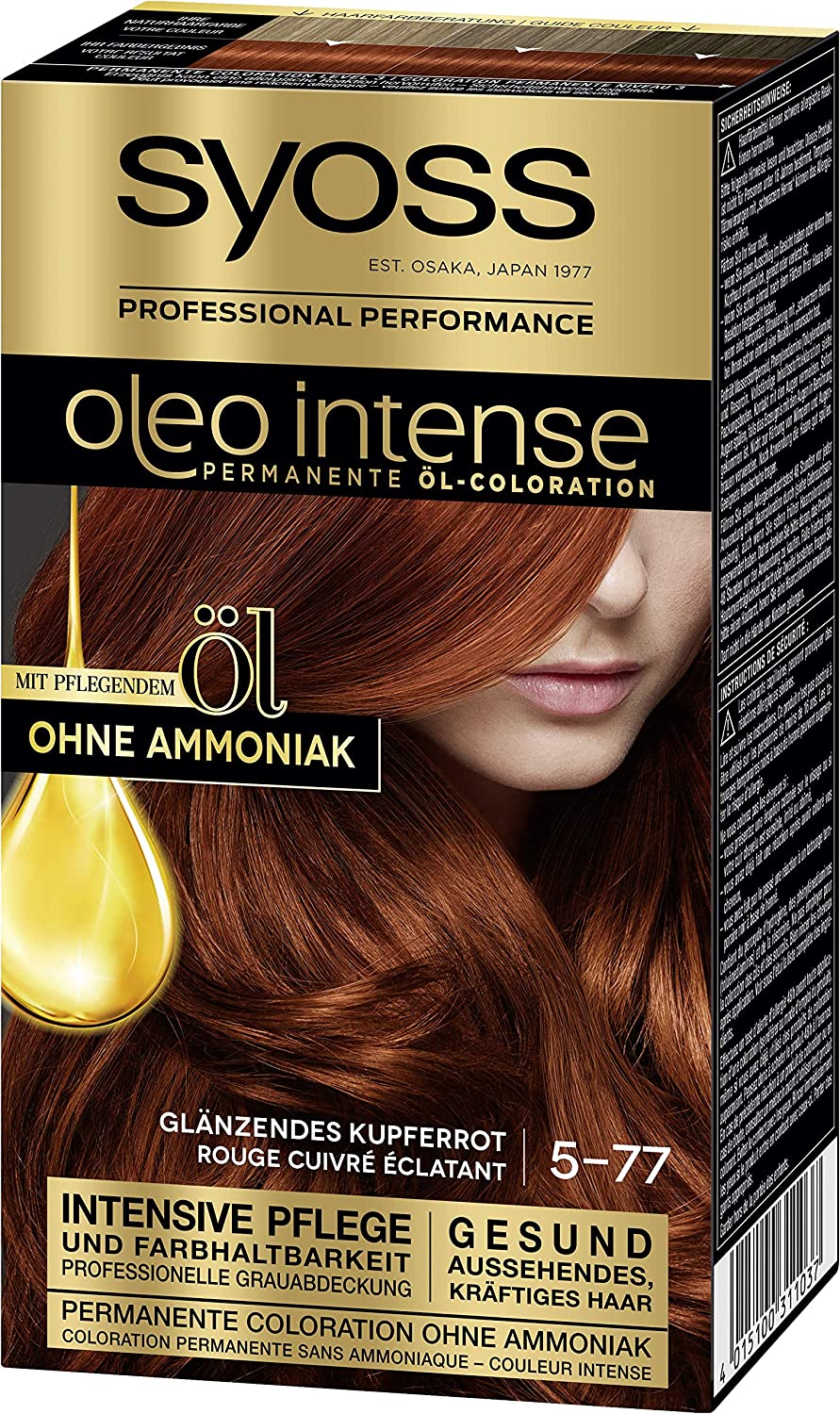 Syoss Oleo Intense Permanent Oil Colouration Hair Colour, 5-77 Shiny Copper Red with Nourishing Oil and Ammonia Free, Pack of 3 (3 x 115 ml), ‎shiny