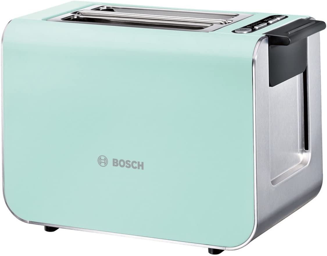 Bosch Styline TAT8612 Compact Toaster with Integrated Stainless Steel Bun Attachment, with Defrosting Function and Warm-Up Function, Perfect for 2 Slices of Toast, Wide, Lift Function, Bread Centering, 860 W, Green