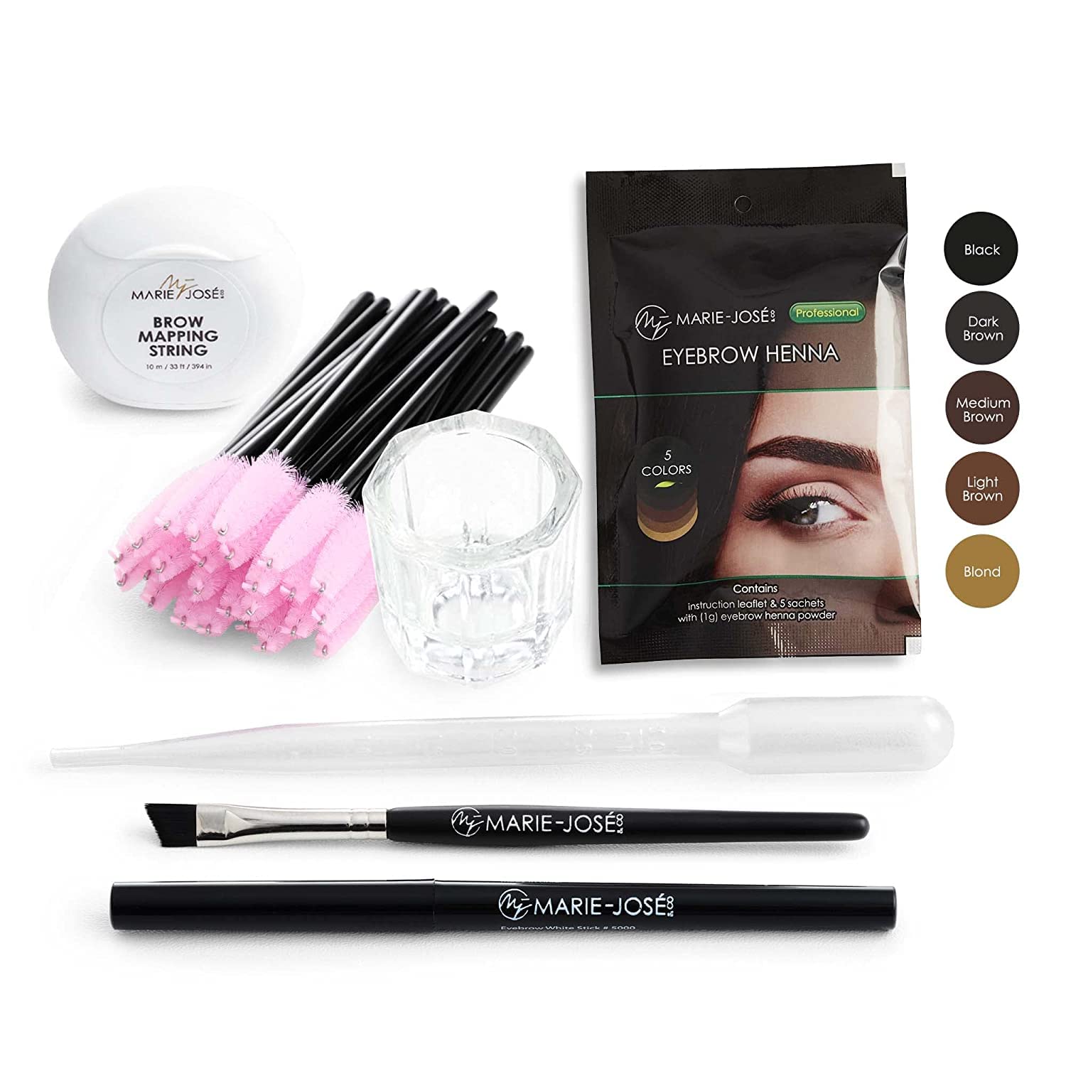 Marie-José & Co Henna Eyebrow Kit, Spot Color for Eyebrows, Long Lasting Spot for Eyebrows, Professional Starter Kit with 5 Different Dyes and Essential Accessories