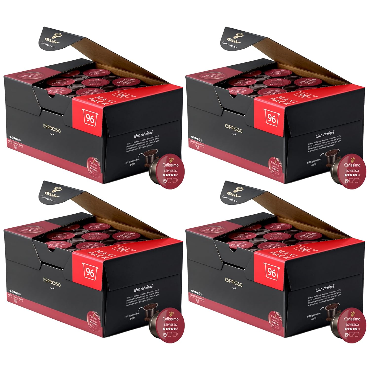 Tchibo Cafissimo Storage Box Espresso Strong Coffee Capsules, 384 Pieces - 4 x 96 Capsules (Espresso, Intense with Strong Roasted Aromas), Sustainable & Fair Trade