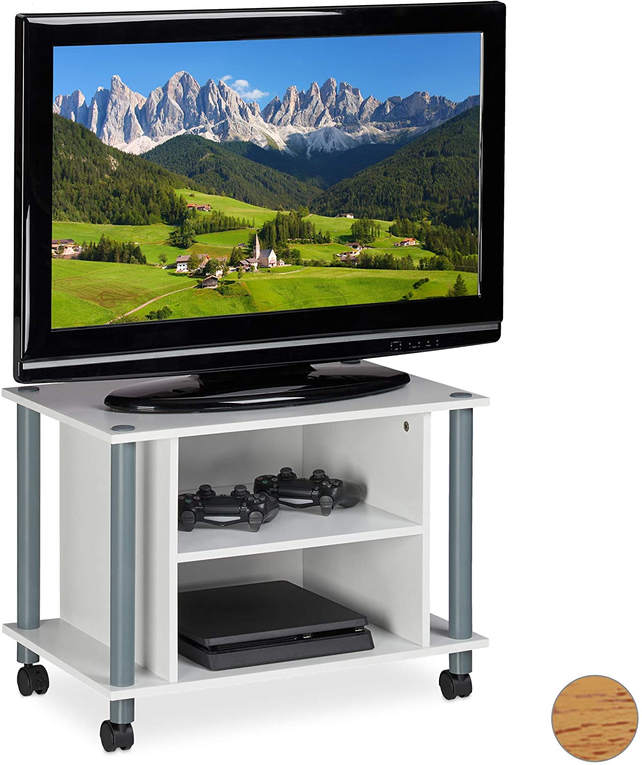 Relaxdays Tv Table With Wheels, 2 Compartments, Tv Shelf, Mobile Tv Rack, H