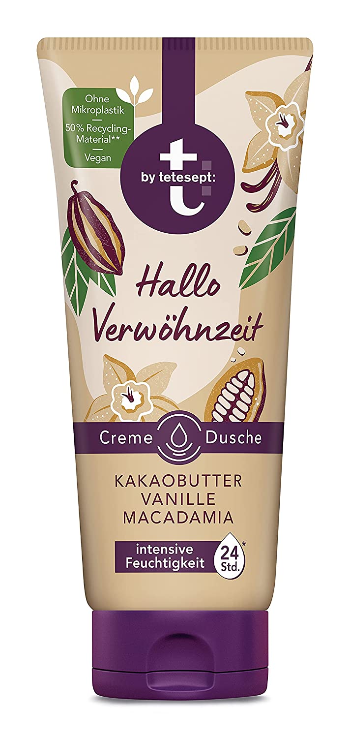 t by tetesept t:by tetesept Hello Pampering Time Cream Shower - Soothing Shower Gel with Cocoa Butter and Macadamia - Nourishing Shower Gel Provides 24 Hours Intensive Moisture* - 1 x 200 ml, ‎white