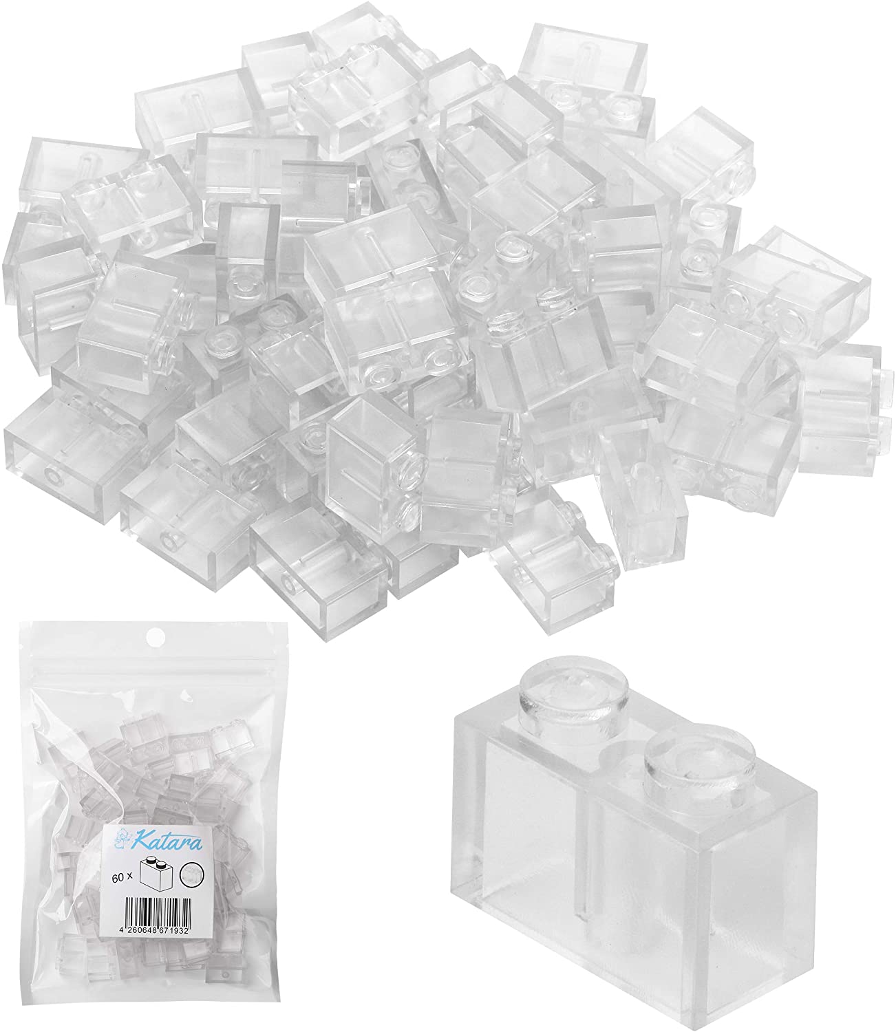 60 building blocks 2 x 1, compatible with all other manufacturers, transpar