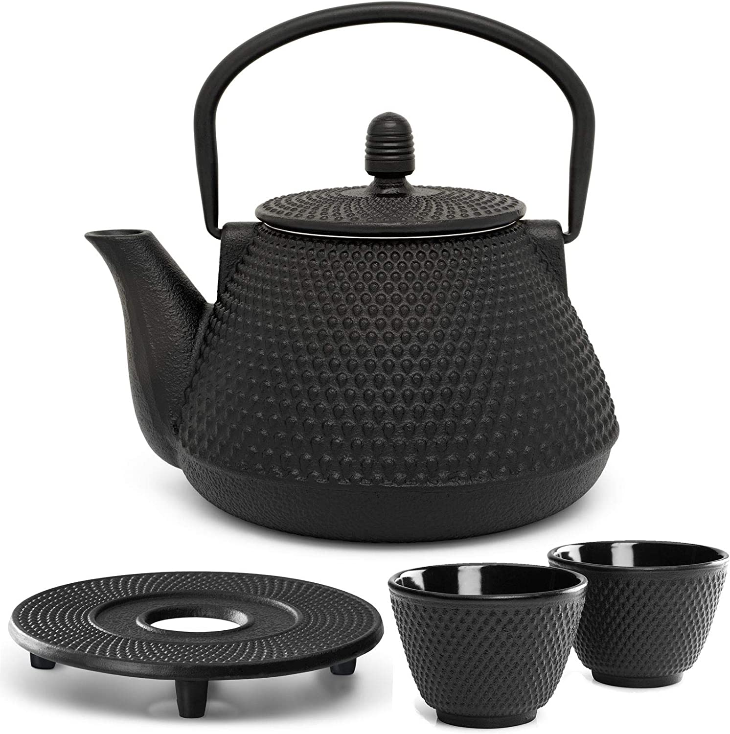 Bredemeijer Teapot Asian Cast Iron Set 1.0 Litres - Black Cast Iron Can with Strainer Insert for Loose Tea & 2 Tea Cups (Cups) & Saucers