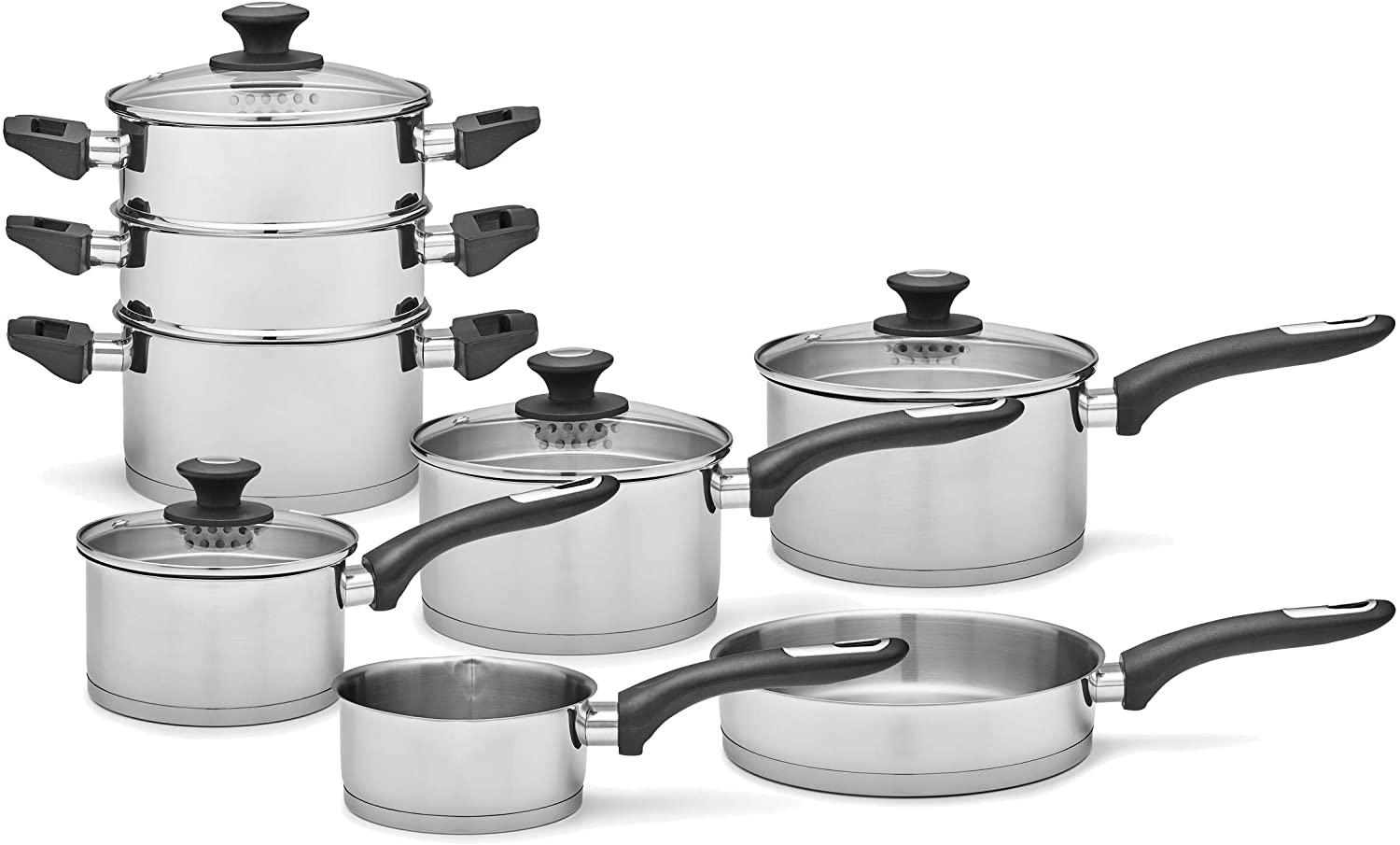 Morphy Richards Morphy Equip Series Pan Set, Stainless Steel Construction and Stay Cool Bakelite Handles