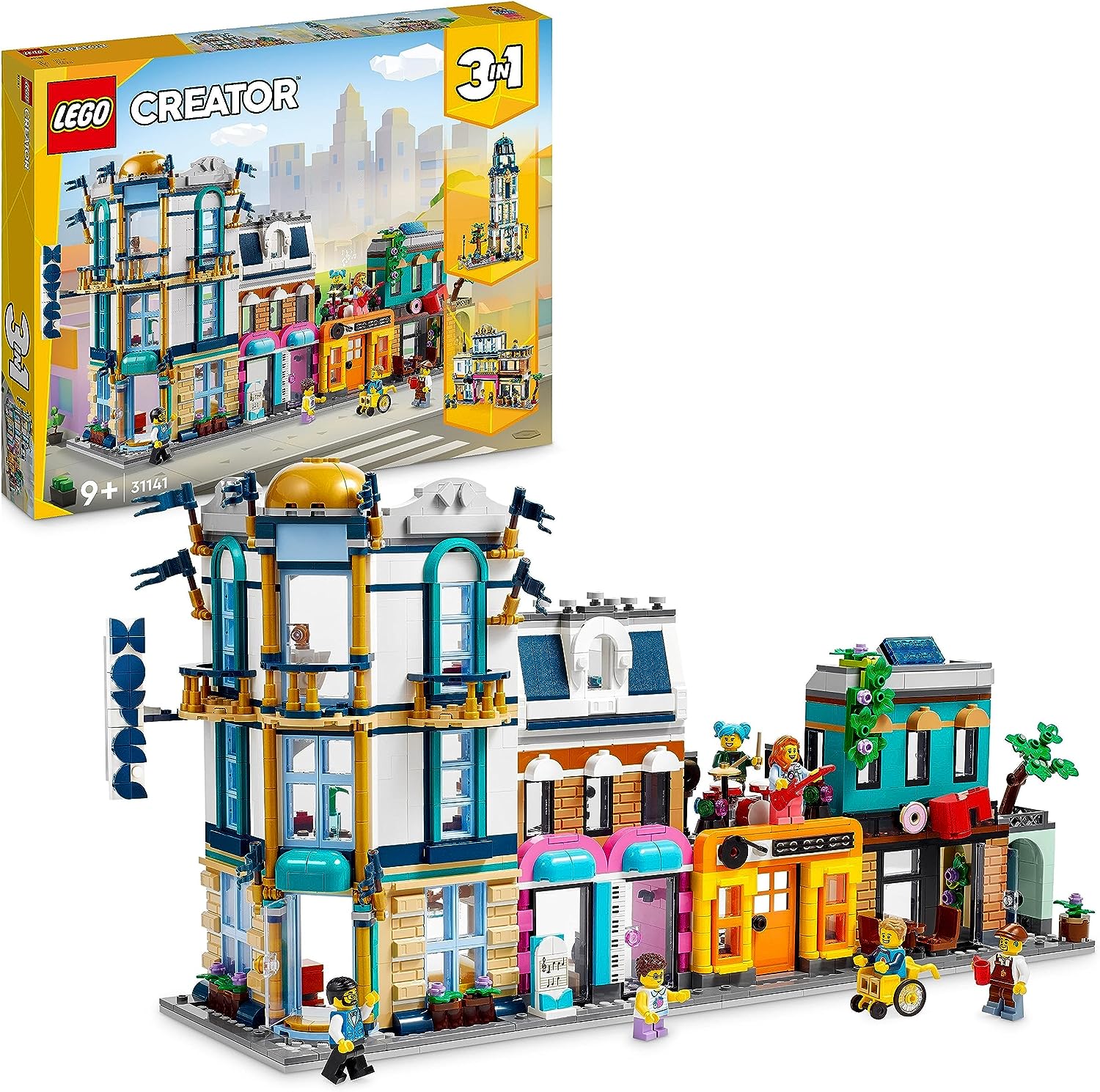 LEGO 31141 Creator 3-in-1 Main Street to Art Deco High Rise or Market Street Model Building Set, Construction Toy with Hotel, Cafe, Apartments and Shops, Creative Model Kit