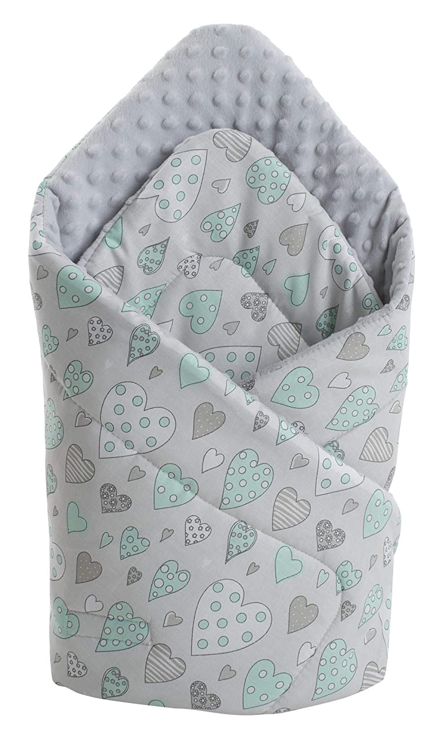 Medi Partners Swaddling Blanket 100% Cotton 75 x 75 cm Baby Pillow Double Sided Soft All Year Round Multifunctional Anti-Allergic Babies Medi Partners (Mint Hearts with Grey Minky)