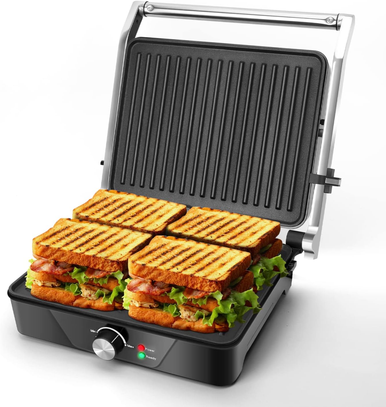 Aigostar SAM- XL Contact Grill, Panini Grill, Sandwich Maker, 2000 W Non-Stick Coated Grill Plates, Low-Fat Grilling, Panini, Toasts, Steak, Vegetables, Stainless Steel, 30 cm x 20 cm