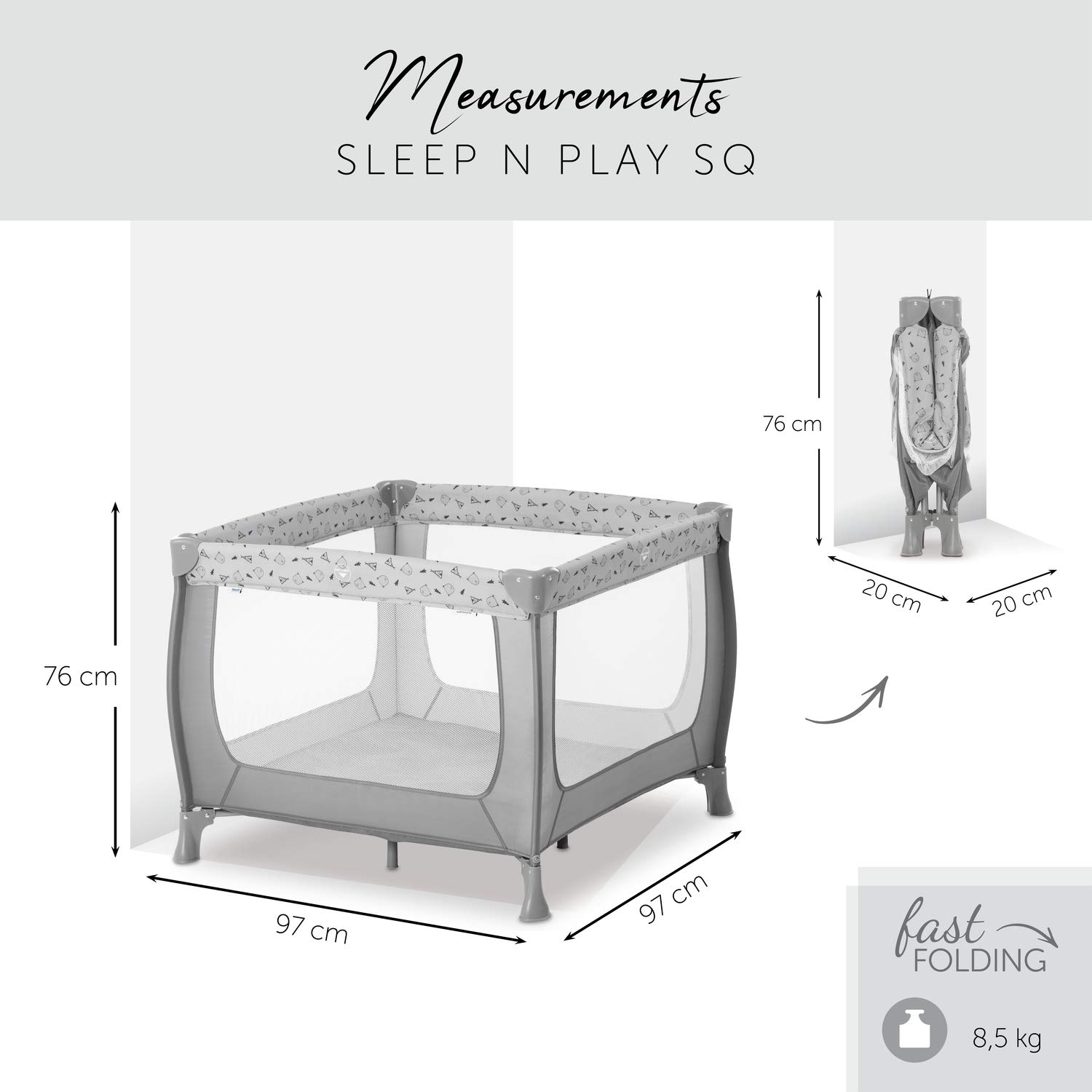 Hauck Sleep N Play SQ Playpen / Travel Cot for Babies and Children / from Birth up to 15 kg / Square 90 x 90 cm / Compact Foldable / Includes Carry Bag / Nordic Grey