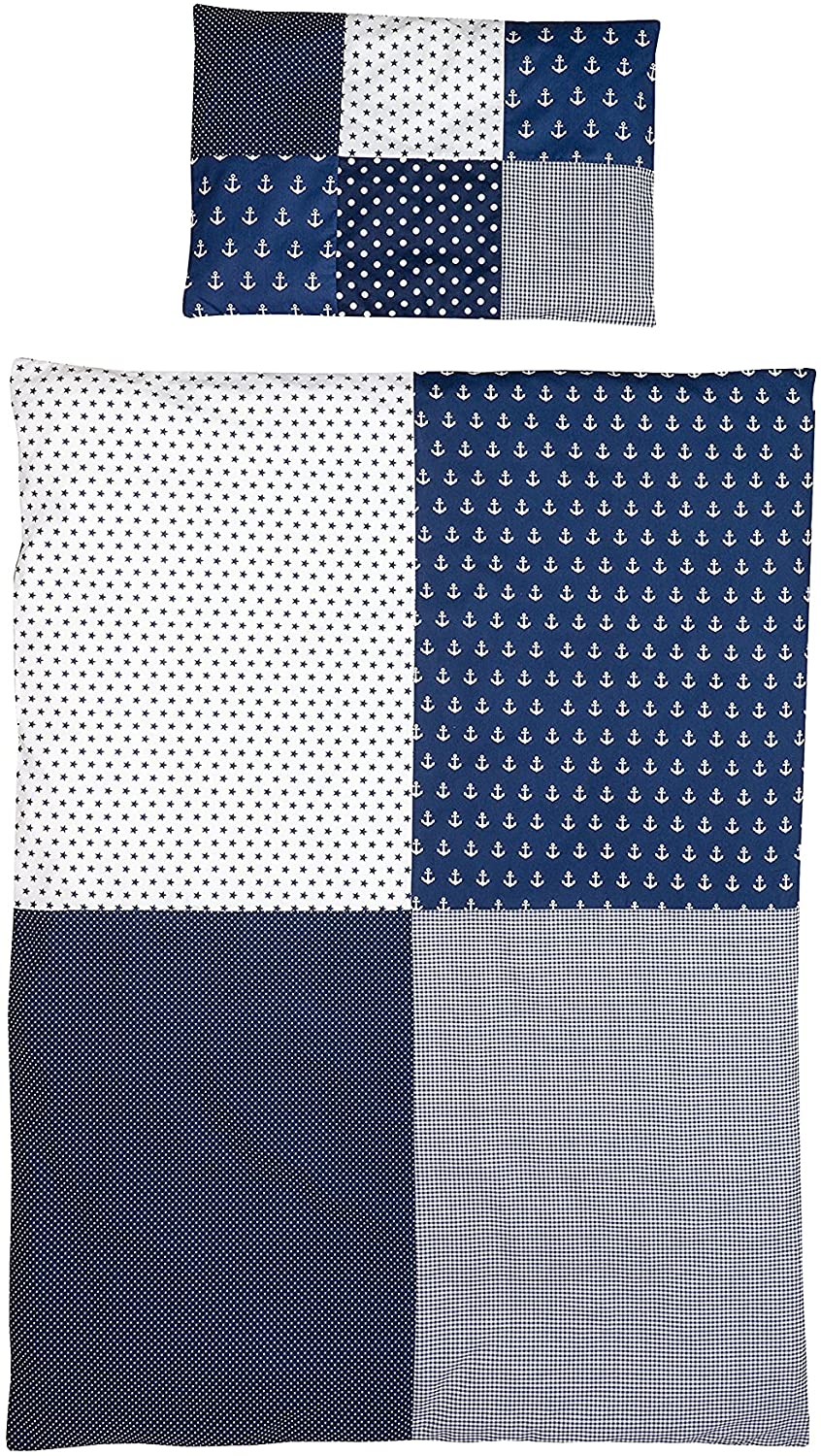 ULLENBOOM ® Children\'s Bed Linen 100 x 135 cm Anchor Blue (Made in EU) - Pillowcase (40 x 60 cm) and Duvet Cover (100 x 135 cm), Children\'s and Baby Bed Linen Made of Cotton, Patchwork Design
