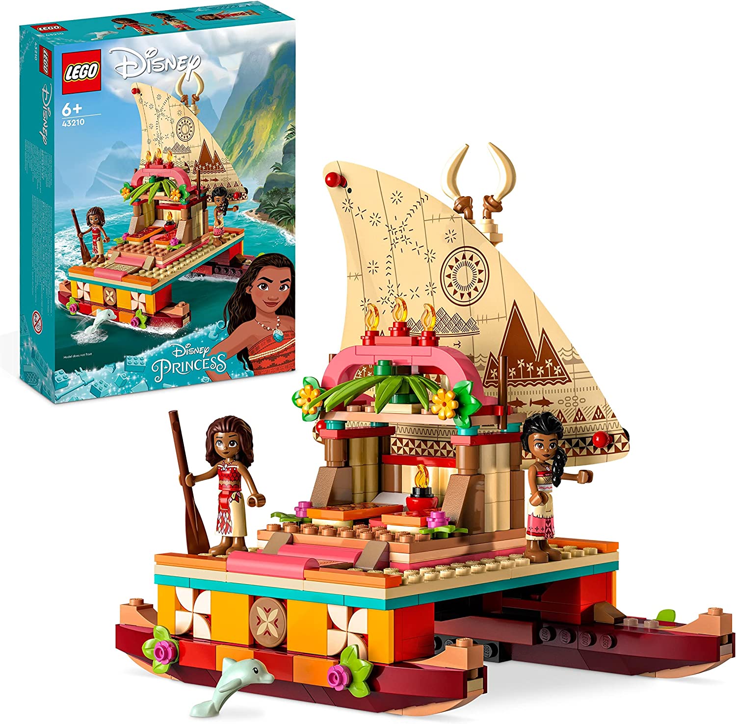 LEGO 43210 Disney Princess Vaianas Catamaran Toy Boat with Vaiana and Sina Princesses Mini Dolls & Dolphin Figure for Girls and Boys