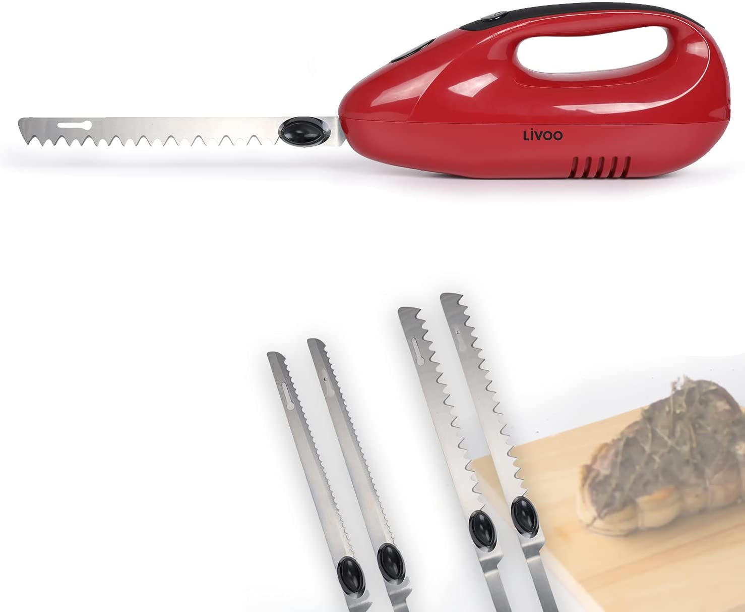 LIVOO Electric Knife for Meat Kitchen - Electric Knife for Bread - Bread Knife with Stainless Steel Blades - Meat Knife Freezer Food 150 Watt - Kitchen Knife Electric Double Knife - Red