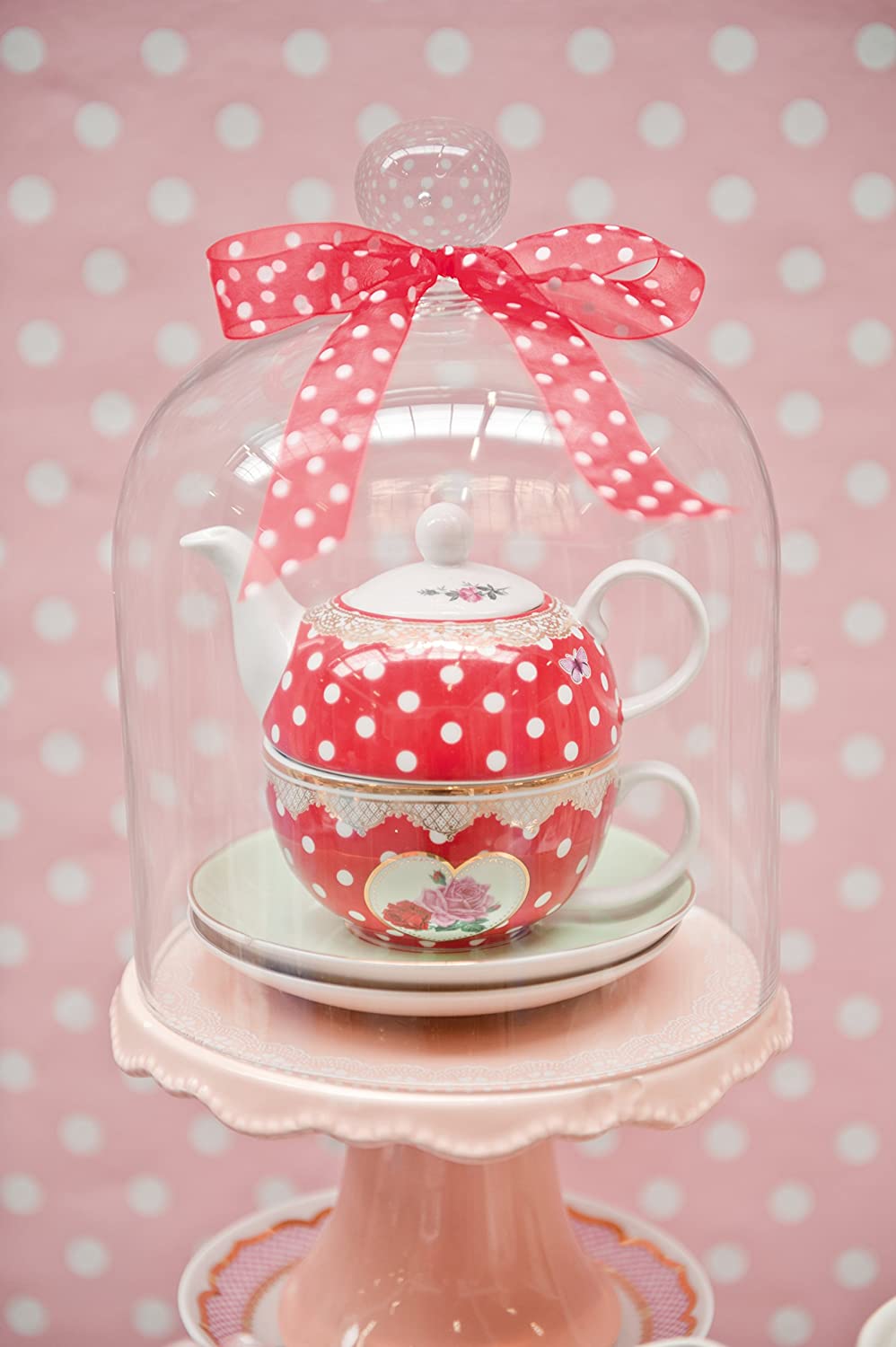 Clayre & Eef Teapot with Cup Pieces Porcelain Red with White Spots and Rose Decoration