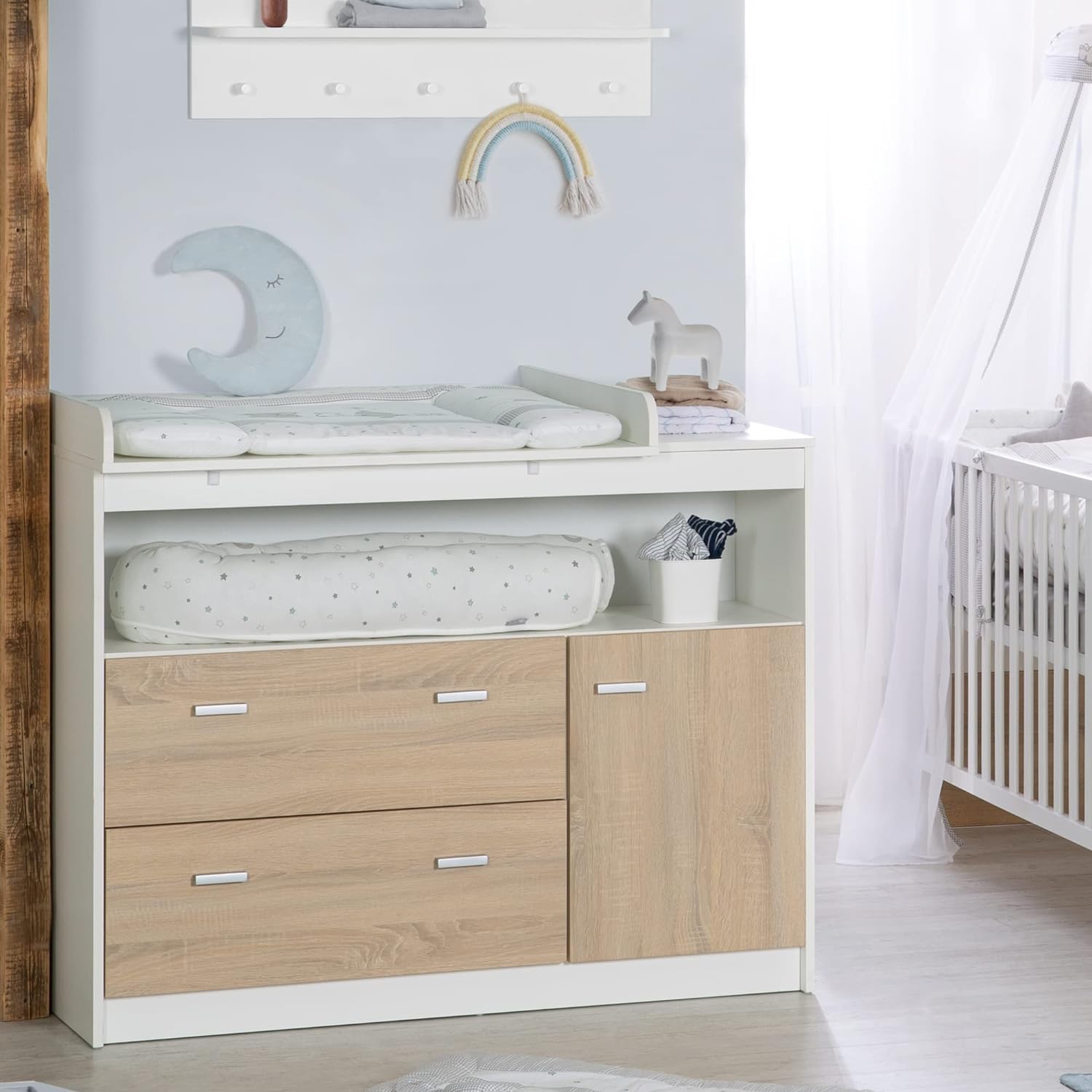 roba Gabriella Wide Baby Changing Table with Changing Top Chest of Drawers with One Door, Open Compartment and 2 Drawers Changing Height 90 cm Bicolour
