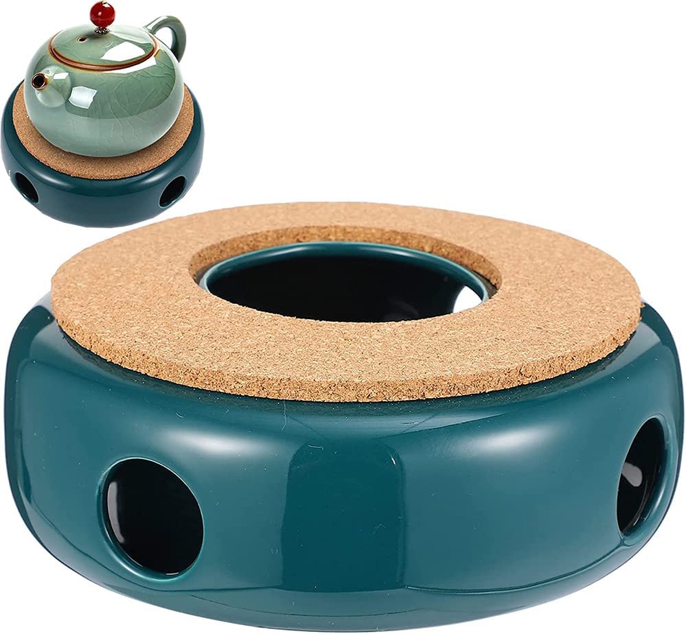 SDFAA Teapot Ceramic Heater, Warm Teapot Porcelain, Teapot Warmer Teapot Porcelain, Warm Teapot Base, Ceramic Teapot Warmer Porcelain with Wooden Mat, for Teapot, Coffee Pot (Green)