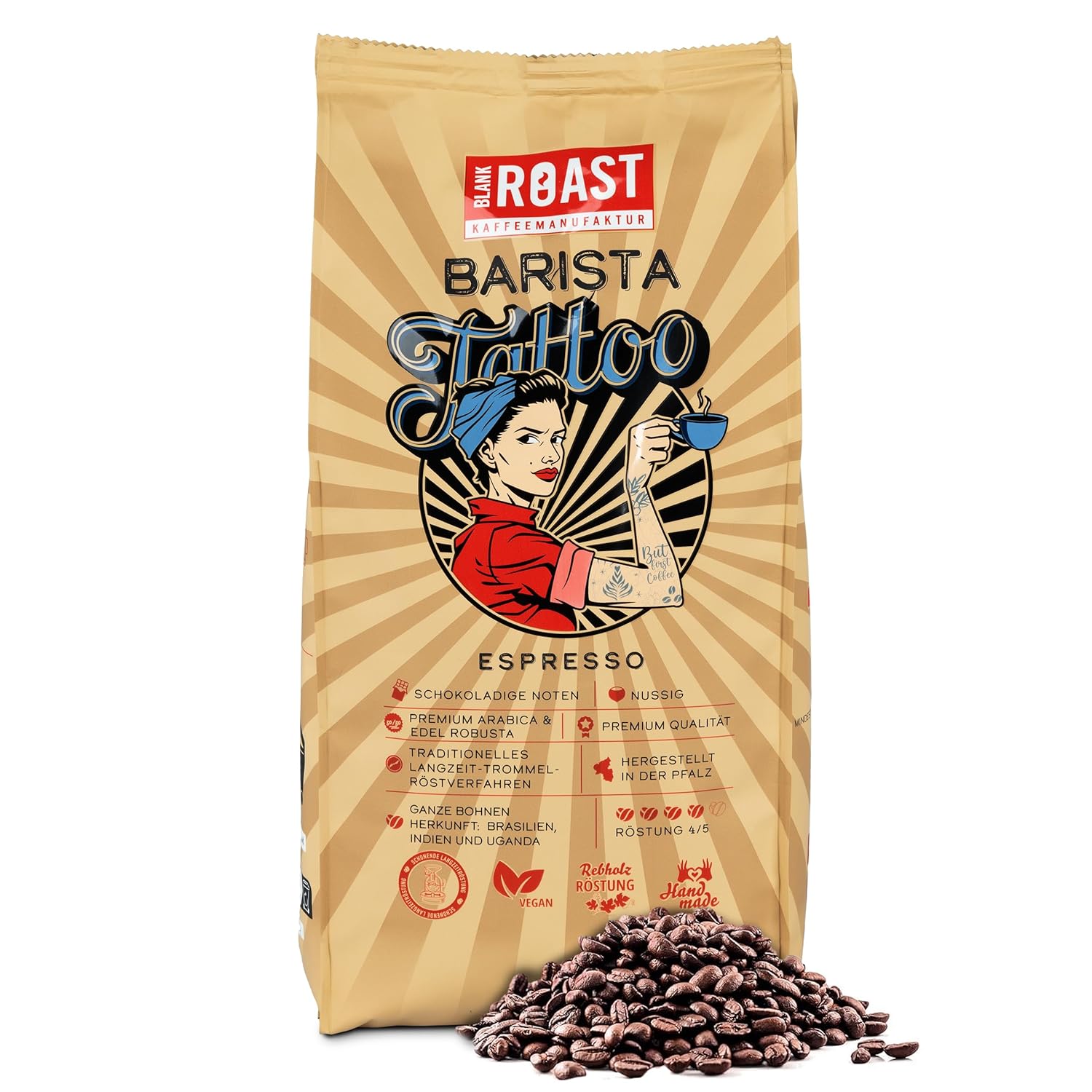 BLANK ROAST - Barista Tattoo Espresso - 1000g - Roasted in Long-term Drum Roasting - Beans from the Best Growing Areas - Premium Arabica & Elegant Robusta - Chocolaty & Nutty - Low Acid