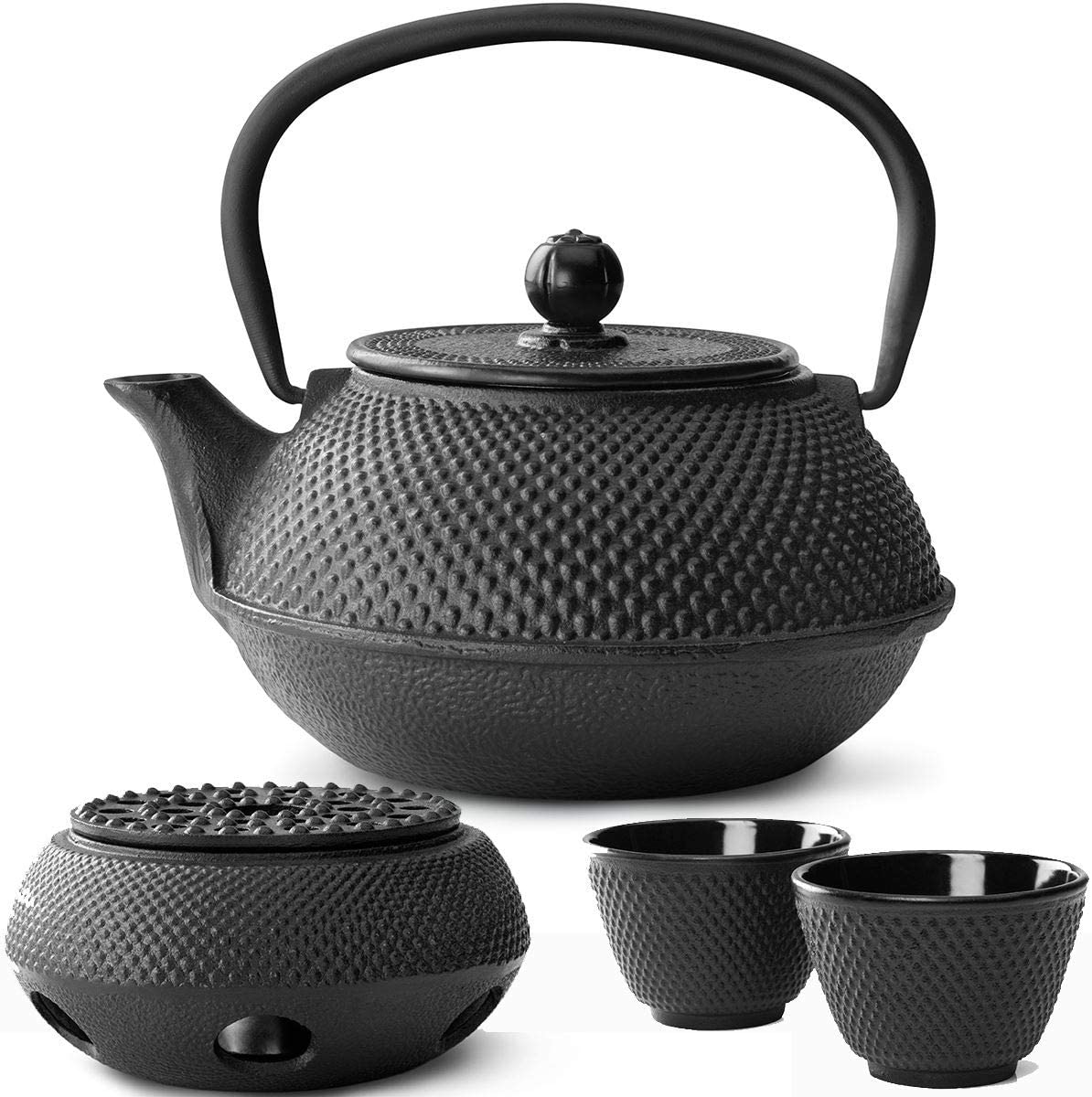 Bredemeijer Teapot Asian Cast Iron Set Black 0.8 Litres with Tea Filter Strainer with Warmer and Tea Cup (2 Cups) Black