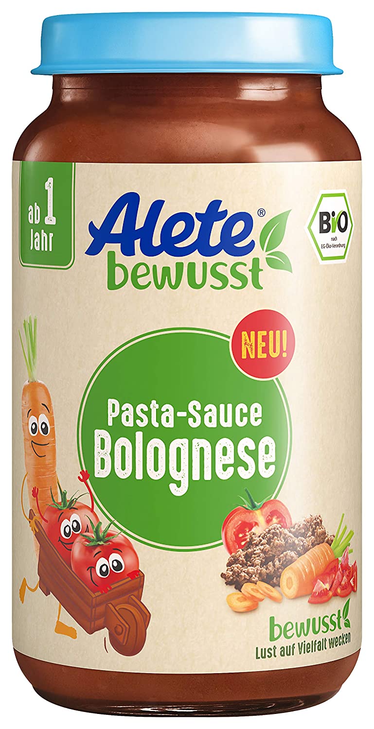 Alete bewusst Bio Pasta-Sauce Bolognese, ab 1 Jahr, Bio Tomatensauce mit 20 % Rindfleisch, ideale Ergänzung zu Nudeln, Gemüse- & Reisgerichten, ohne Aromastoffe, glutenfrei, 250 ml