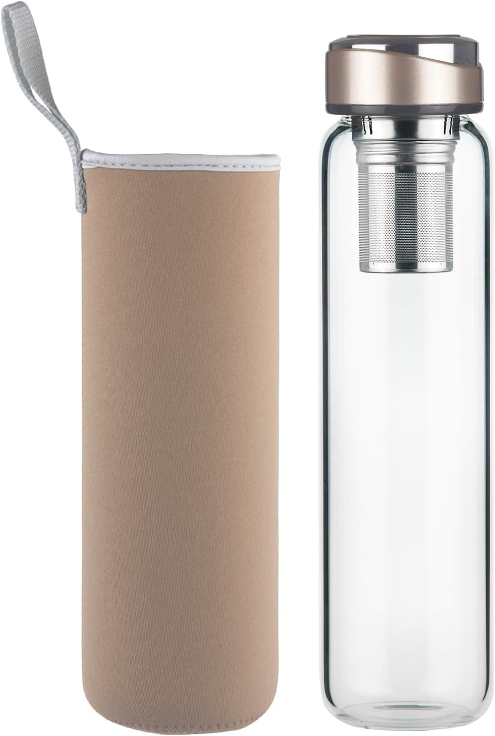 DEARRAY Glass Tea Bottle for Travelling with Stainless Steel Strainer 600 ml / 1000 ml / 1 Litre, Teapot with Filter to Go, Borosilicate Glass Water Bottle with Neoprene Cover and Stylish Stainless Steel Lid