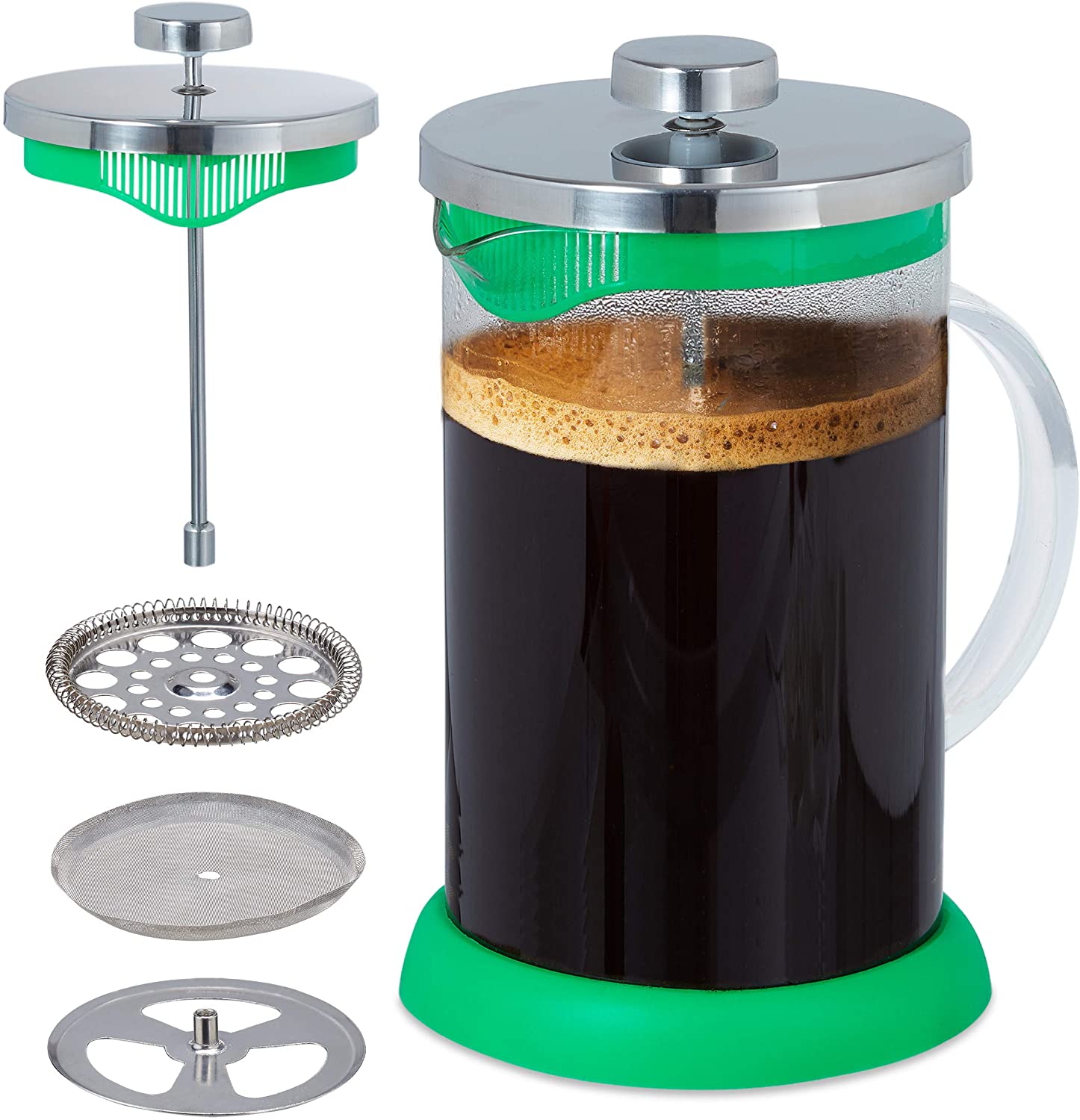 Relaxdays Coffee Maker, Stainless Steel Strainer, Flavoured Coffee Enjoy, 800 ml, Glass & Plastic, Coffee Press Colours., Green