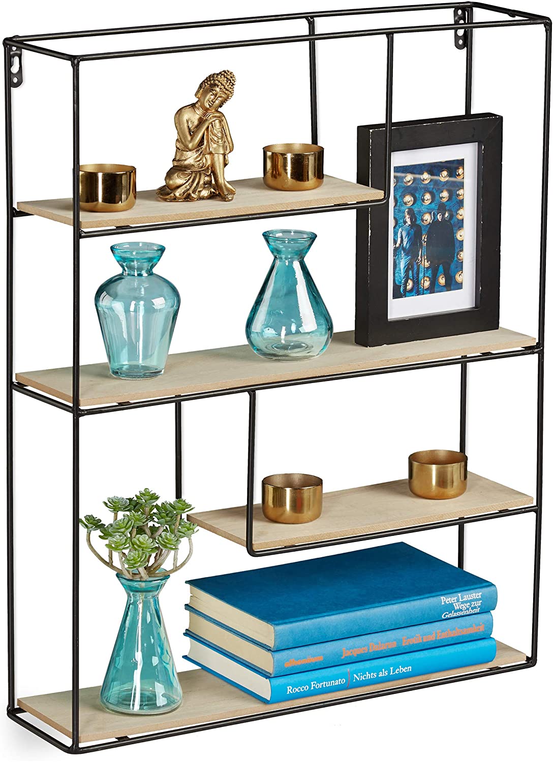 Relaxdays Metal Wall Shelf, 4 Shelves, Wood Effect, Industrial Retro Design