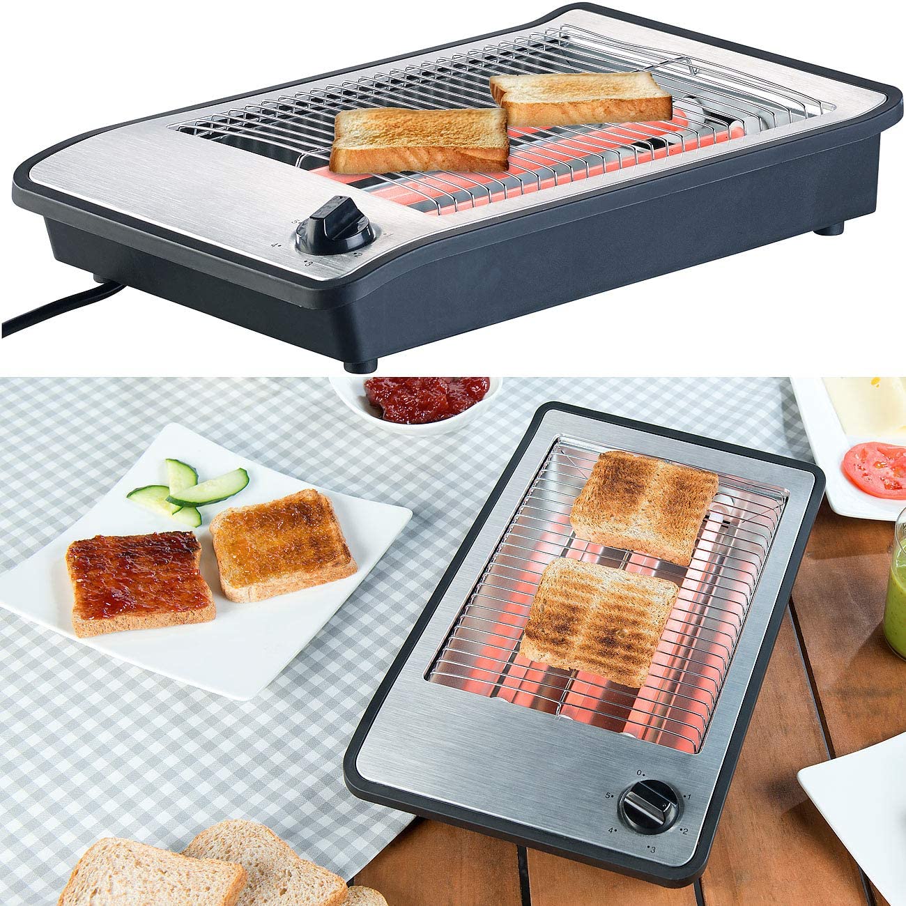Rosenstein & Söhne Bread Toaster: Flat Toaster For Up To 4 Rolls, 3 Heating