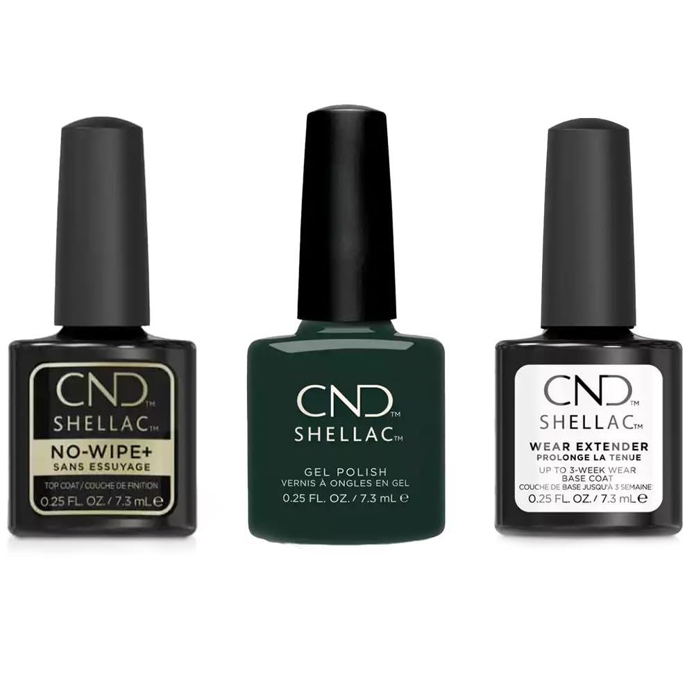 CND Shellac Bundle: Wear Extender Base Coat & Top No Wipe+ Gloss Coating, Aura Hybrid Lacquer 7.3ml - Long Lasting Shine and Strength