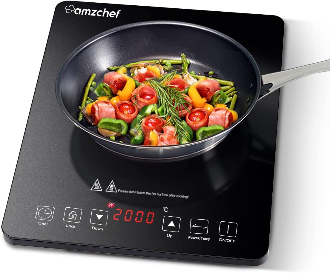 AMZ boss Induction Hob, 2000 W Single Induction Hob with Slim Design, 10 Power Levels, 10 Temperatures Settings, Safety Lock, 3-Hour Timer, Black