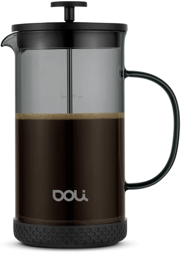 Doli French Press 1L Glass Coffee Maker for 1-6 Cups, Fine Stainless Steel Filter for Pure Aroma, Fireproof & Dishwasher Safe, Includes Dosing Spoon (Black)